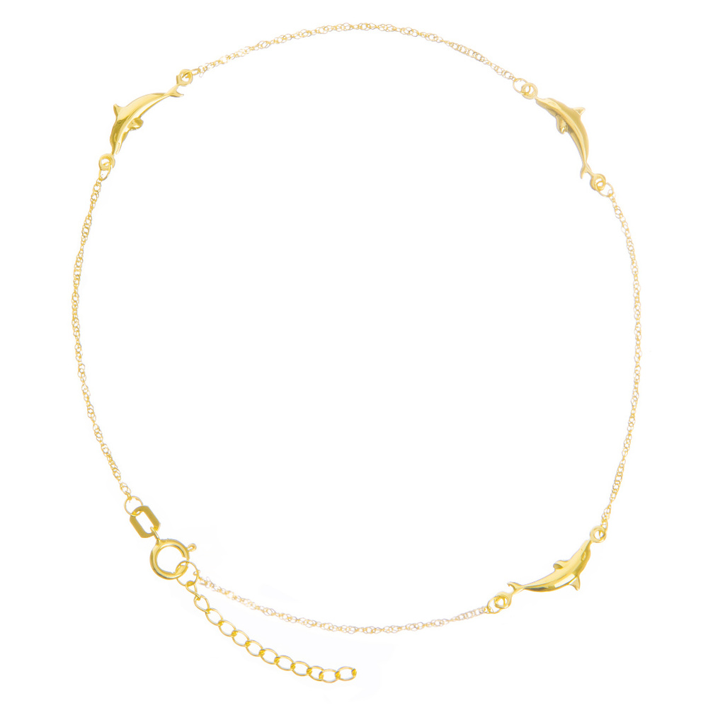 14K Solid White / Yellow Real Fine Gold Dolphins Anklet
